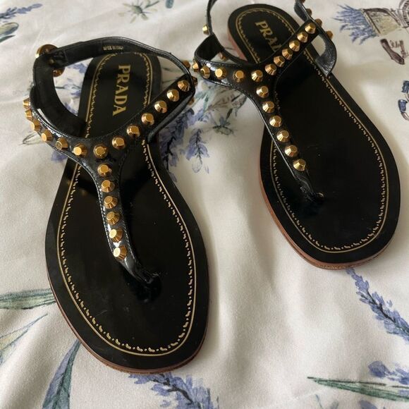 Prada black patent leather/gold stud sandals - Picture 3 of 11
